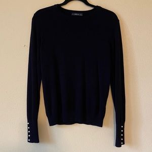 Navy Crew Sweater with pearl cuffs